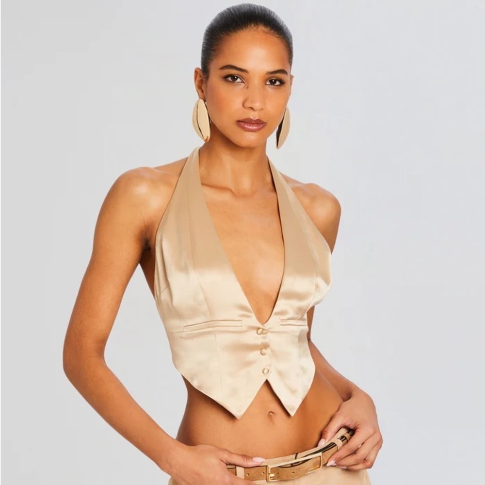 NWT Retrofete Andy Silky Deep Low V Neck Suit Vest Blazer Top Nude Tan Beige
